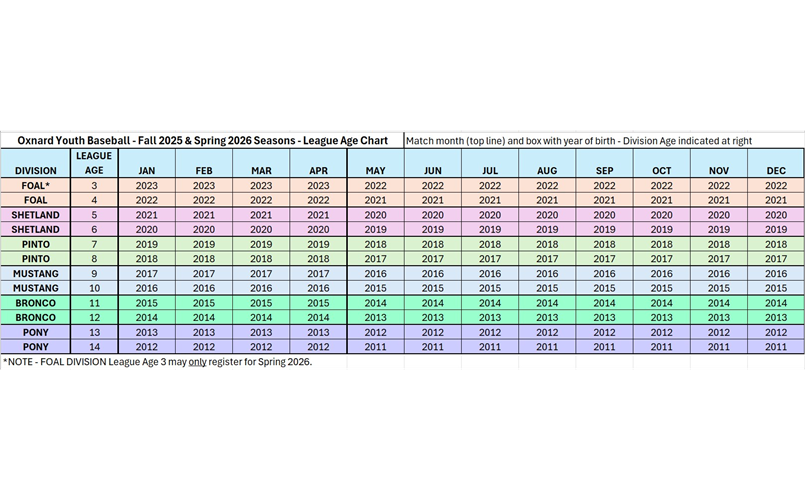 Fall 2025 & Spring 2026 League Age Chart